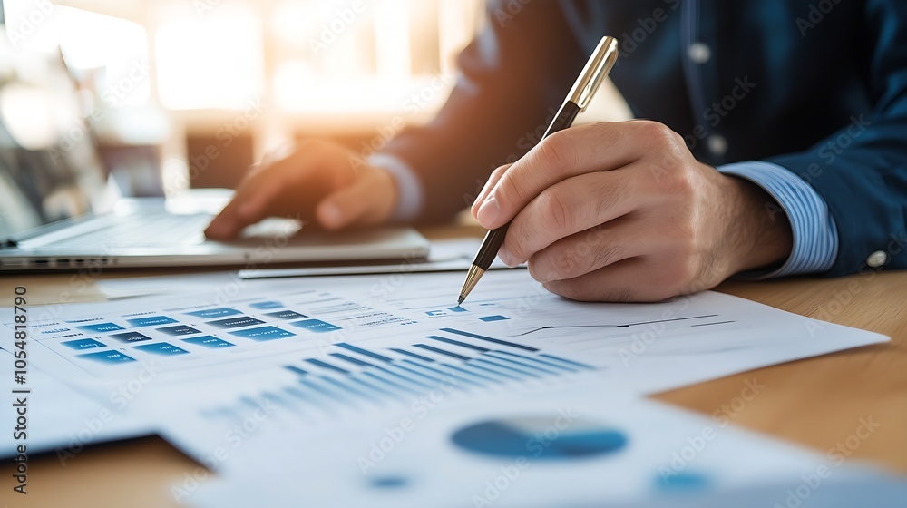 Business Analysis Professional Reviewing Financial Data and Charts on Laptop and Documents : Generative AI Business Analysis Professional Reviewing Financial Data and Charts on Laptop and Documents : Generative AI