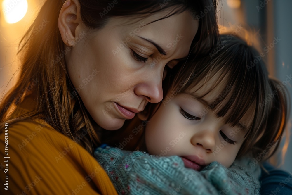 A worried young foster parent embraces her child while reflecting on the challenges of caregiving during a quiet evening A worried young foster parent embraces her child while reflecting on the challenges of caregiving during a quiet evening