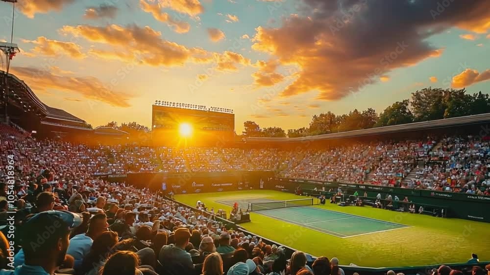 A packed stadium watches a tennis match under a sunset sky, Stadium tennis match, footage, 4k footage, videos, video clip, slow motion, video wallpaper, animation, 4k