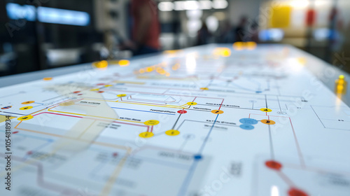 Close-up of an illuminated city transit map showing detailed routes and connections, representing navigation, transportation planning, and urban travel