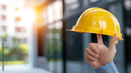 Construction Firm Branding Concept with Hand Holding Safety Hard Hat at Modern Building : Generative AI photo