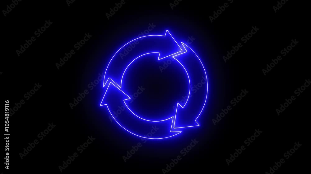 Neon light recycling icon looping animation on black background. 3 arrow in circle sign. Neon light recycling icon looping animation on black background. 3 arrow in circle sign.