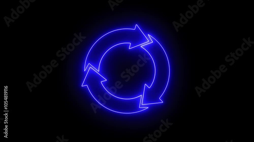 Neon light recycling icon looping animation on black background. 3 arrow in circle sign. 