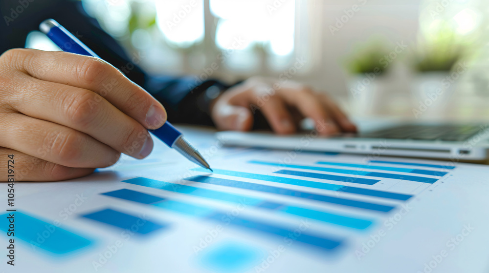 Close-up of a person analyzing financial data on a bar graph with a pen, working on a laptop in a modern office setting Close-up of a person analyzing financial data on a bar graph with a pen, working on a laptop in a modern office setting