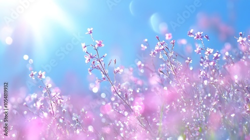 Dreamy Pink and Purple Wildflowers in Gentle Breeze Under Bright Sunlight with Bokeh Effect : Generative AI