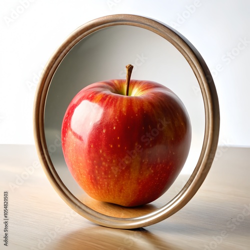 red apple on a wooden table mirror 