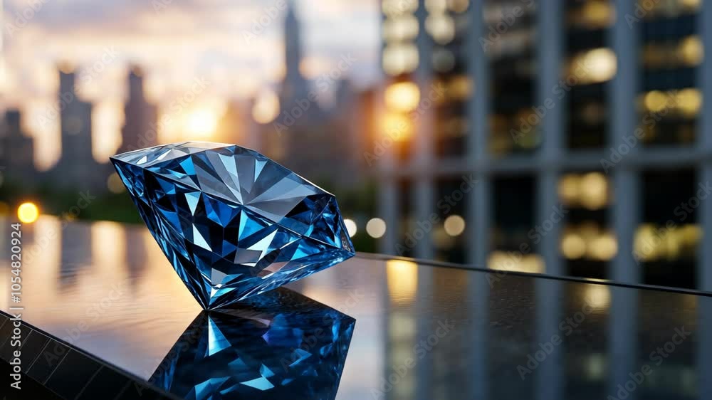 close up zoom in sparkle big blue diamond shiny on glossy floor with urban metropolis cityscape as background
