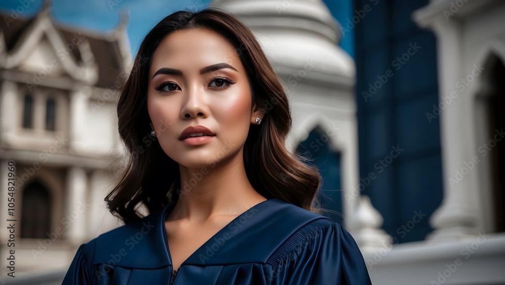 Fototapeta premium Elegant Woman in Dark Blue Graduation Gown Outdoors