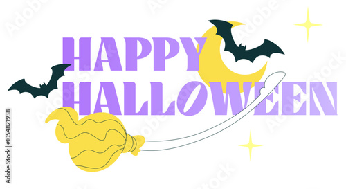 Text happy halloween lettering with broom and bats