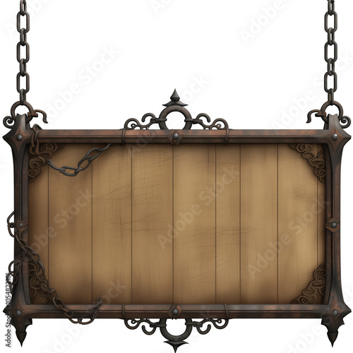 A blank sign on chains, hanging from the top left corner of an iron frame, with wooden edges and dark metal accents. The background is a transparent white. 