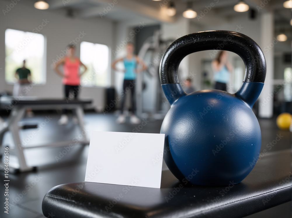 Hand holding blank membership card at modern fitness gym with people exercising on treadmills Hand holding blank membership card at modern fitness gym with people exercising on treadmills