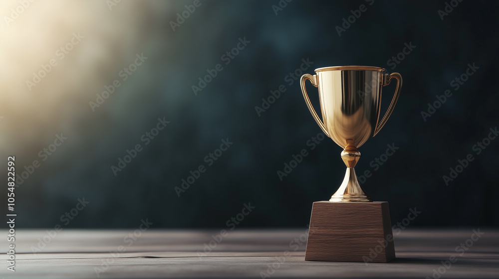shiny gold trophy stands proudly on wooden surface, symbolizing achievement and success. Its gleaming surface reflects light, creating inspiring atmosphere.