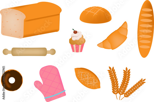 set of bread, croissant, baguette, cupcake and utensil. Bakery, Breakfast, Food Illustration element.
