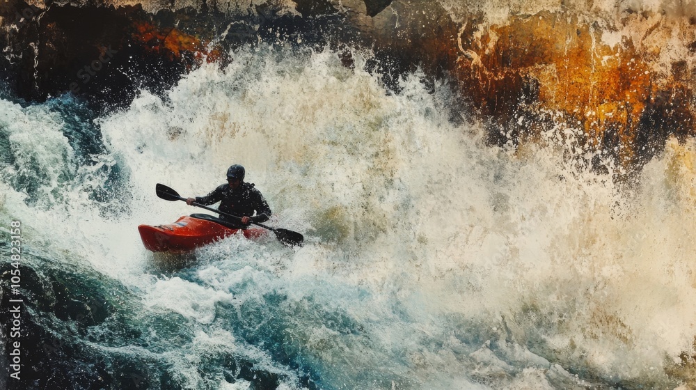 Fototapeta premium Kayaker Navigating Rapid River Waters