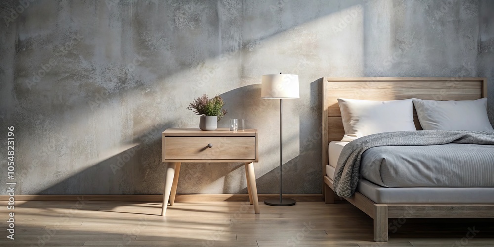 A minimalist bedroom with a wooden bed, nightstand, floor lamp, and a single potted plant with textured grey walls and wooden floors A minimalist bedroom with a wooden bed, nightstand, floor lamp, and a single potted plant with textured grey walls and wooden floors