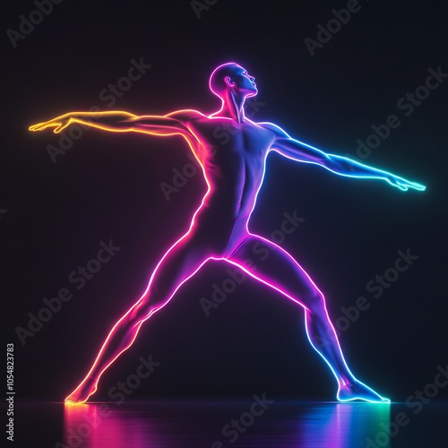 A stylized, neon outline of a human figure in a dynamic pose.