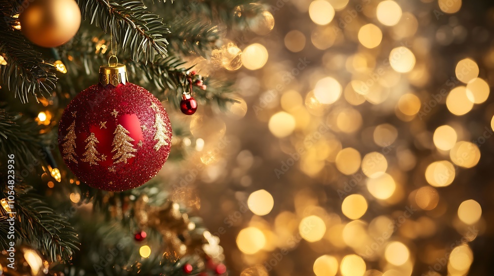 Golden Bokeh Lights and Red Ornament on Christmas Tree for Festive Atmosphere : Generative AI Golden Bokeh Lights and Red Ornament on Christmas Tree for Festive Atmosphere : Generative AI