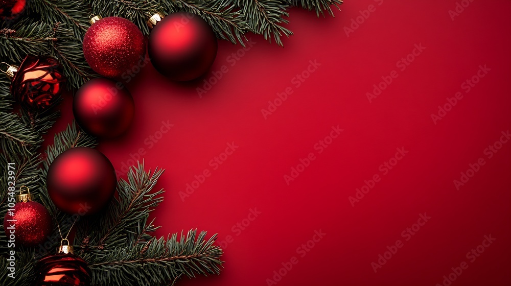 Red Christmas Ornaments and Pine Branches with a Minimalist Style on a Festive Background : Generative AI Red Christmas Ornaments and Pine Branches with a Minimalist Style on a Festive Background : Generative AI
