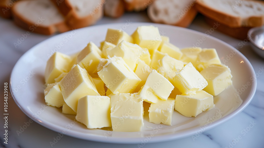 Cubed Butter for Baking: A close-up shot of cubed butter, ready for baking, on a white plate. The butter is glistening and inviting, promising delicious results. Cubed Butter for Baking: A close-up shot of cubed butter, ready for baking, on a white plate. The butter is glistening and inviting, promising delicious results.