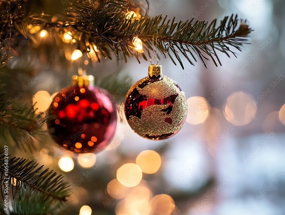 Cozy Christmas Tree with Glittering Baubles and Soft Focused Winter Lighting : Generative AI Cozy Christmas Tree with Glittering Baubles and Soft Focused Winter Lighting : Generative AI