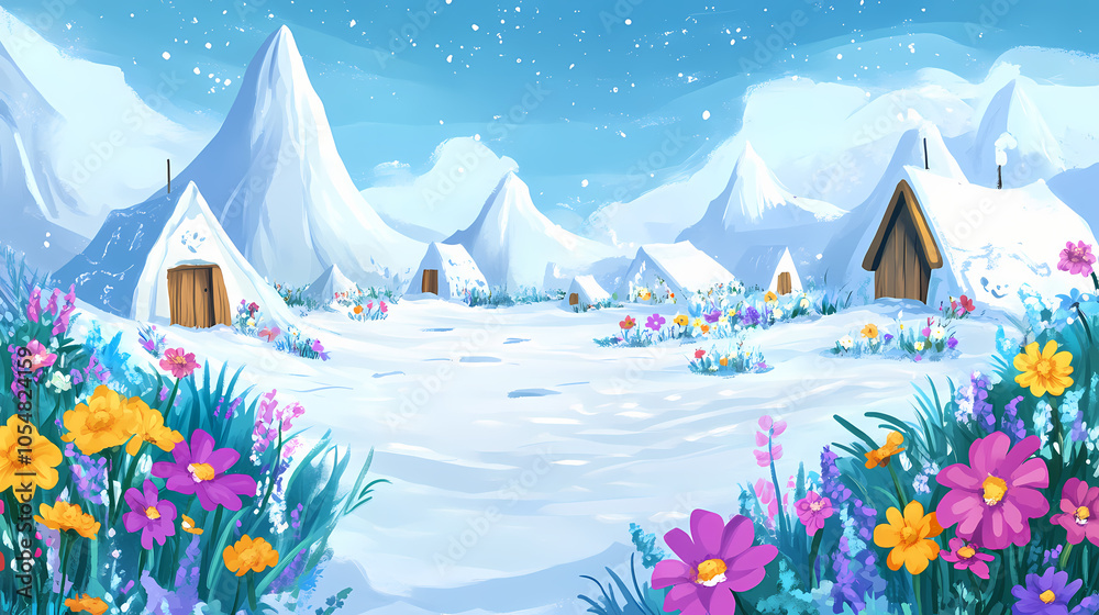 Naklejka premium Cartoon cute doodles of a peaceful arctic village celebrating the arrival of spring, with colorful flowers blooming amid the melting snow, generative ai. Inuit Ice Village. Illustration