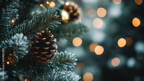 CloseUp of Pinecone on Snowy Pine Tree with Bokeh Lights in Winter Holiday Scene : Generative AI