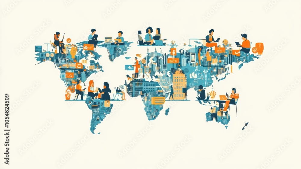 Fototapeta premium Global support staff illustration, with operators handling calls from different locations, flat vector style