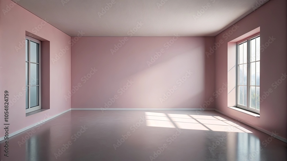 Obraz premium Sunlight streams through two windows, casting long shadows across the pale pink walls and smooth gray floor of an empty room.