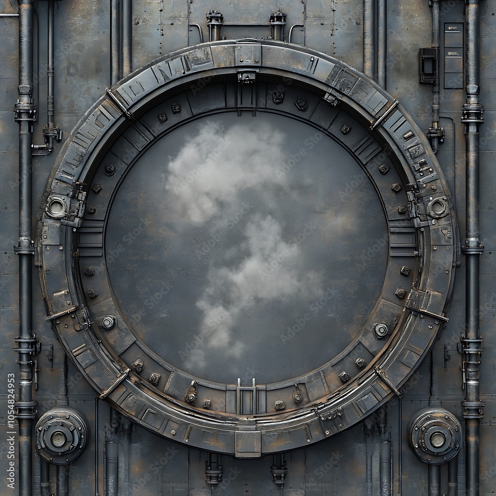 Obraz premium A round, metallic door with a window showing a cloudy sky.