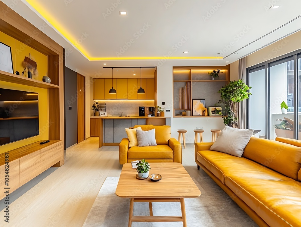 Elegant Open Concept Living Room with Yellow Sofas and Artistic Decor : Generative AI