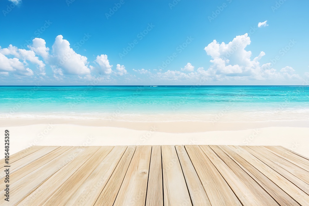 Fototapeta premium Scenic Tropical Beach with Azure Waters and Wooden Deck Under a Clear Sunny Sky : Generative AI