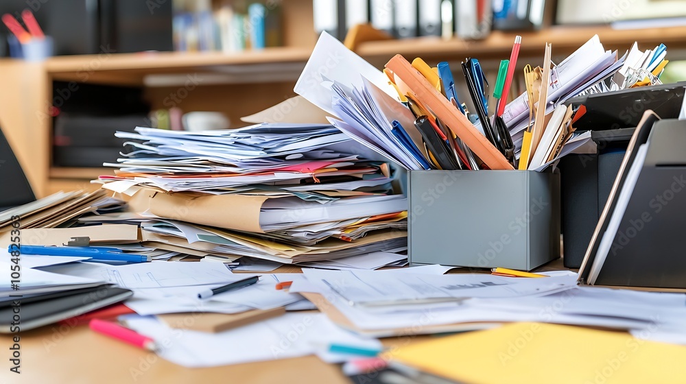 Cluttered Desk with Papers and Office Supplies in a Creative Work Environment : Generative AI Cluttered Desk with Papers and Office Supplies in a Creative Work Environment : Generative AI
