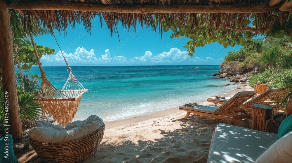 Fototapeta premium Serene beach view with hammock and lounge chairs.