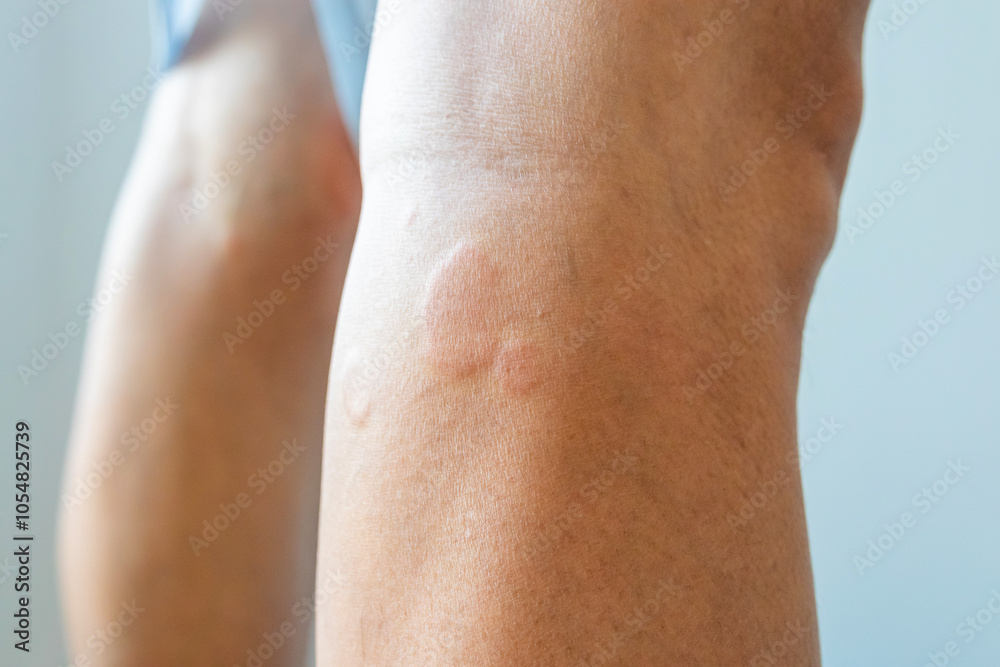 Young asian man has allergic skin rash on his legs from itchy dry skin eczema dermatitis insect bites Young asian man has allergic skin rash on his legs from itchy dry skin eczema dermatitis insect bites