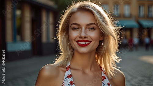 Smiling young woman in stylish summer outfit, enjoying sunny day outdoors. Glamorous close-up portrait