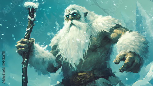 An illustration of a long-bearded white troll holding a staff. Norse Frost Giant. Illustration photo