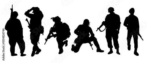 Soldier silhouette on a white background. Special army force wearing uniforms. Soldiers standing with assault rifles silhouette. Male armies with anonymous faces. Boy infantry silhouette collection.