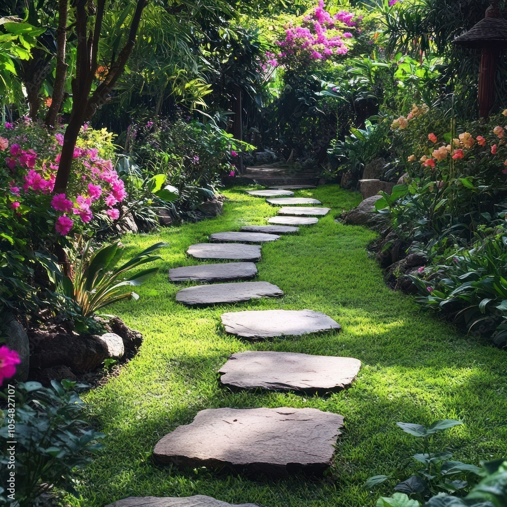 Obraz premium Garden with stepping stone pathway