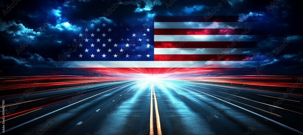 USA America flag on highway. 4th of July or independence day background. Generative AI technology.