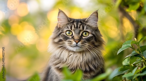 Long Haired Cat Surrounded by Green Foliage in a Sunlit Garden : Generative AI