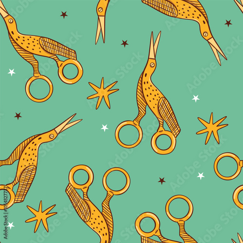 Stork scissors intricately displayed on green background