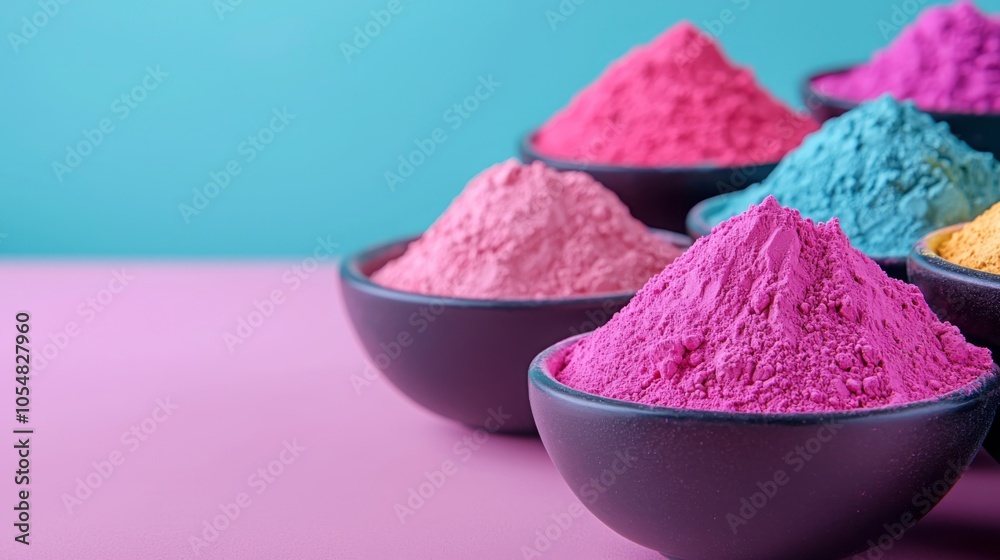 Colorful Holi Powders in Bowls on a Vibrant Background Colorful Holi Powders in Bowls on a Vibrant Background