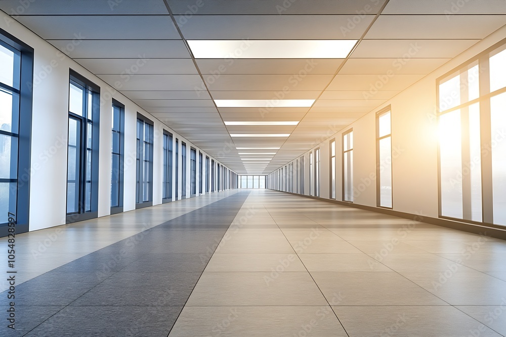 Modern Office Building with Long Sunlit Corridor and Large Windows : Generative AI Modern Office Building with Long Sunlit Corridor and Large Windows : Generative AI