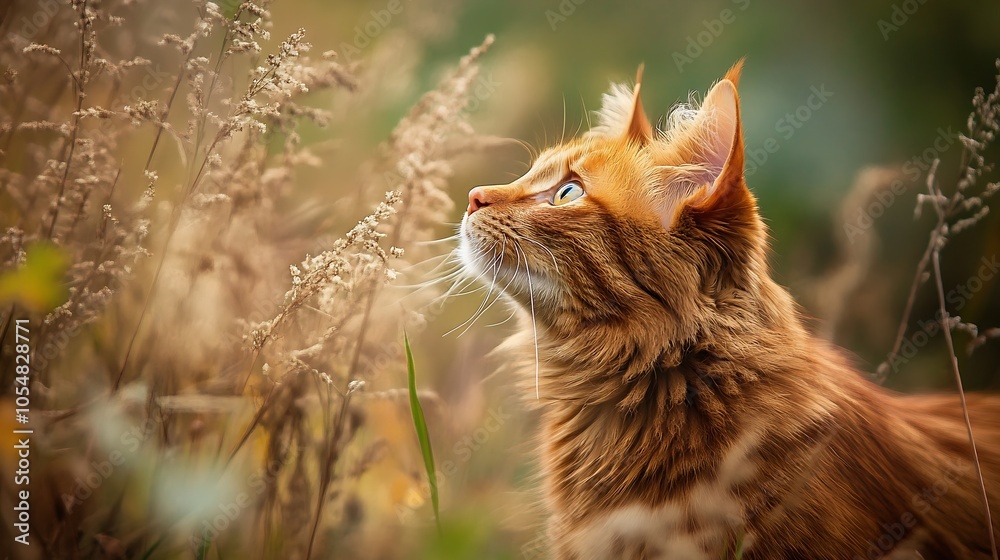 Majestic Orange Cat Contemplating in a Field of Golden Grasses During Sunset : Generative AI Majestic Orange Cat Contemplating in a Field of Golden Grasses During Sunset : Generative AI