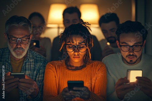 Diverse Group Frustrated by Social Media Outage in Modern Office Setting photo