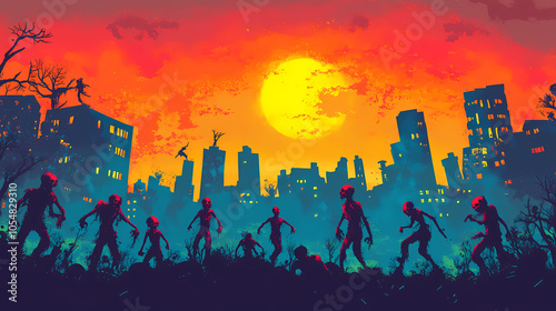 Apocalyptic zombie horde: city invasion. Zombie Horde. Illustration