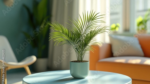 A stylish living room interior showcasing a palm on a light blue round table, with a rocking chair and a comfortable sofa for a relaxed setting.