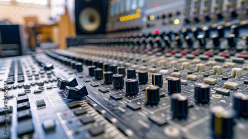 Close up of audio mixer console in recording studio, with buttons and faders for music mixing. Shows creativity in music production