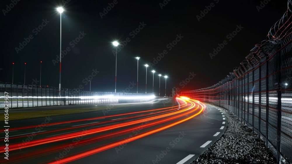 The sweeping curves of the airport fence are accentuated by the trailing lights of passing cars giving the illusion of a neverending road. The sweeping curves of the airport fence are accentuated by the trailing lights of passing cars giving the illusion of a neverending road.