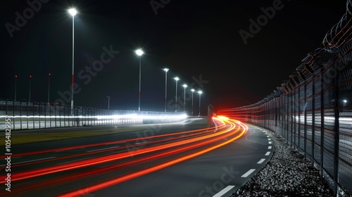 The sweeping curves of the airport fence are accentuated by the trailing lights of passing cars giving the illusion of a neverending road. photo